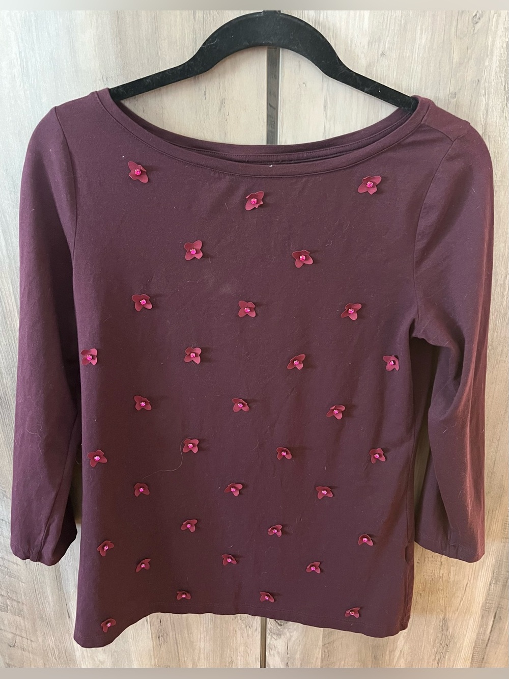 Lands' End Burgundy Long-Sleeve Top with Pink Flower Appliqués
